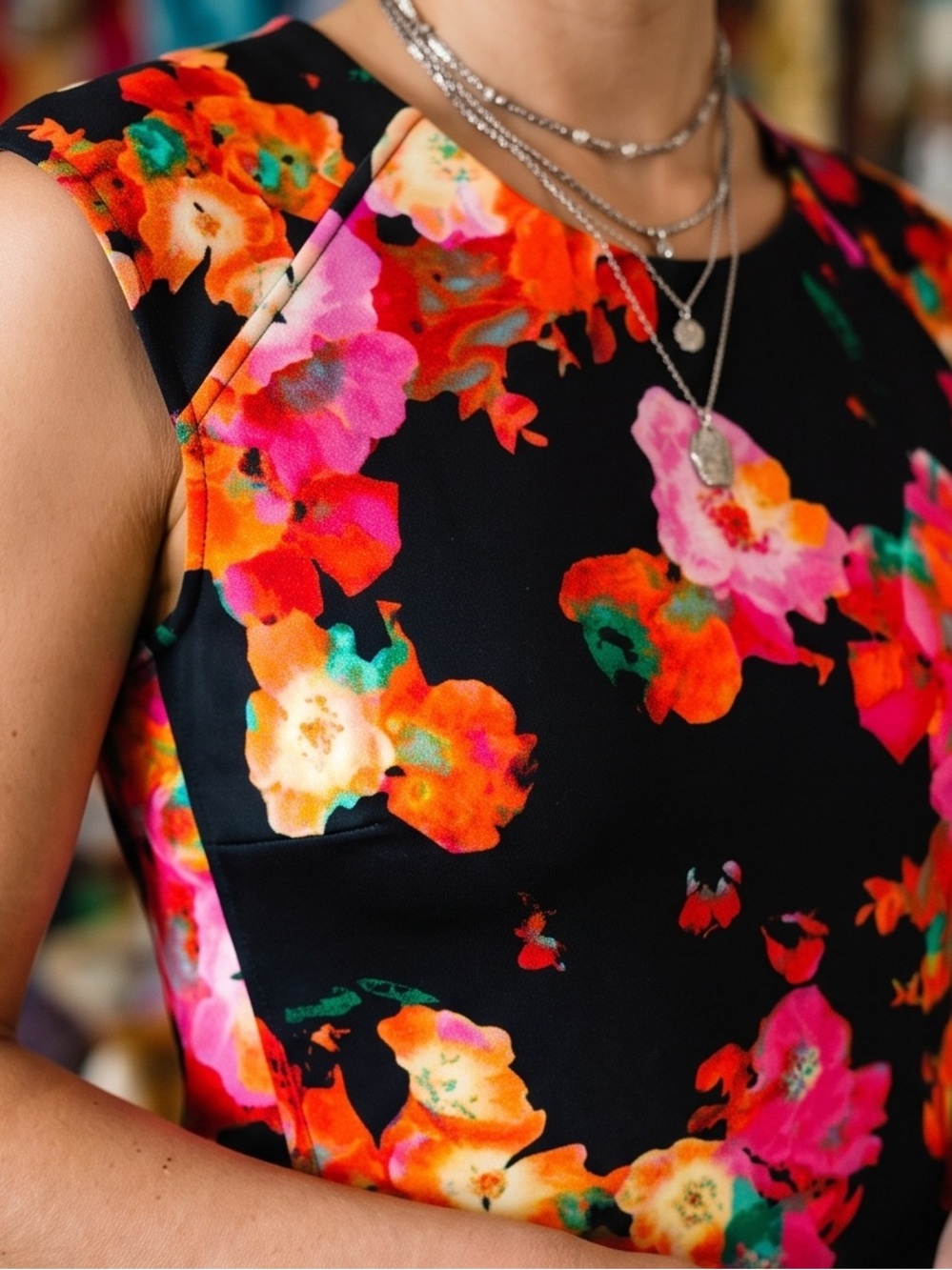 Robert Rodriguez - Black Tank Top with Pink & Orange Floral Print Tailored